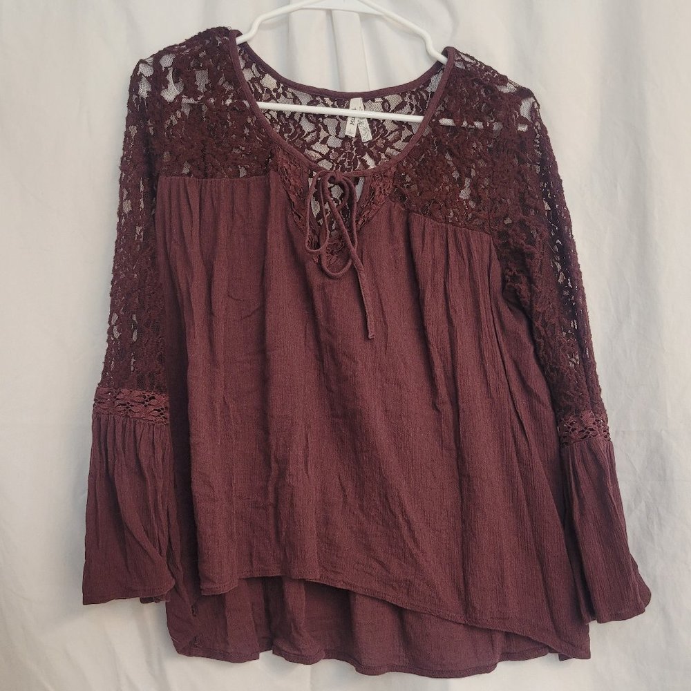 Mudd Burgundy Lace Accent Tie Front Blouse - Picture 2 of 10
